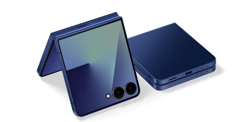 Gambar ilustrasi ponsel lipat premium dengan desain futuristik dan layar besar yang dilipat