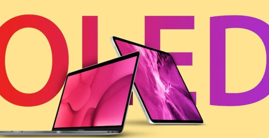 Ilustrasi MacBook Pro dengan layar OLED touchscreen yang sedang disentuh jari pengguna