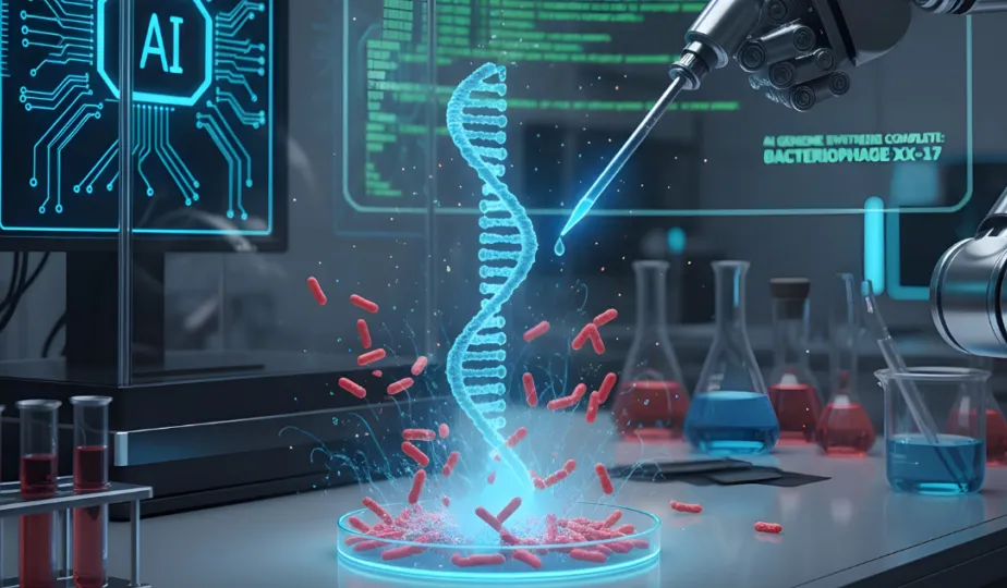 Ilustrasi konsep kecerdasan buatan (AI) merancang struktur genom virus di dalam lingkungan laboratorium digital