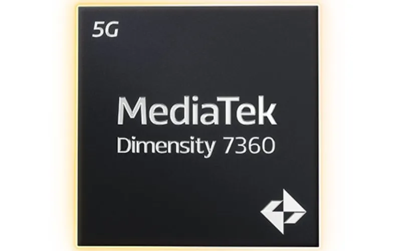 Ilustrasi chipset MediaTek Dimensity 7360 dengan latar belakang sirkuit elektronik berwarna biru