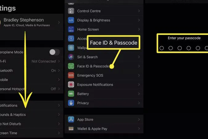 Layar pengaturan iPhone menunjukkan menu Face ID dan Passcode dengan opsi enkripsi data yang aktif