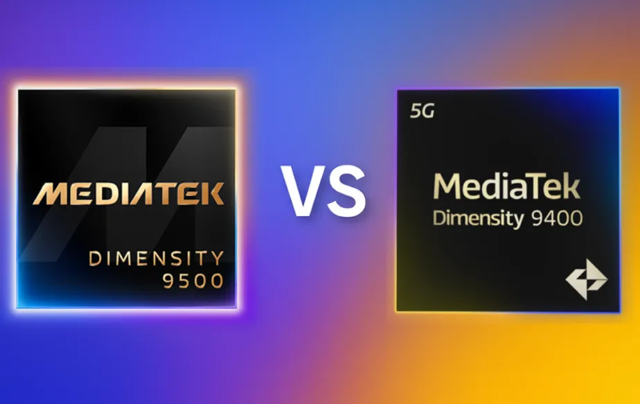 Perbandingan visual chipset MediaTek Dimensity 9500 dan Dimensity 9400 dengan grafik performa