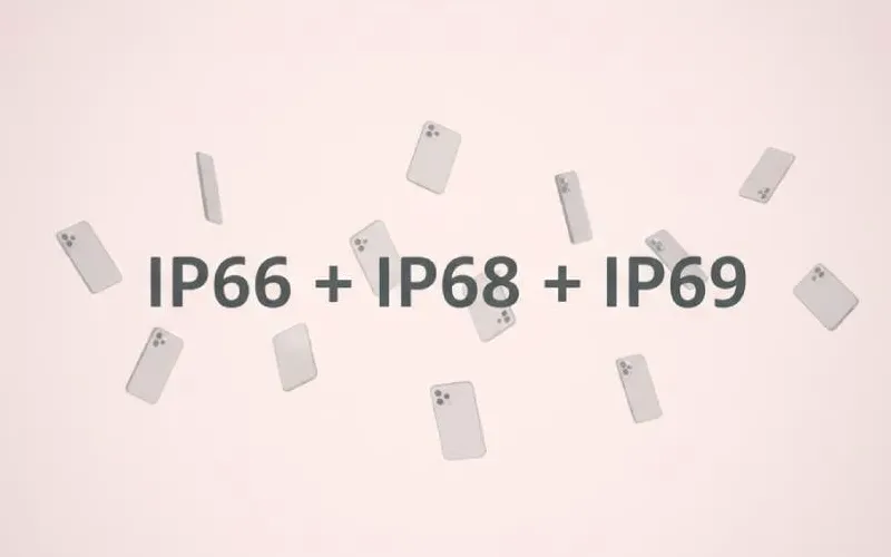 Ilustrasi smartphone dengan multiple IP ratings IP66 IP68 IP69 menunjukkan evolusi standar perlindungan air dan debu