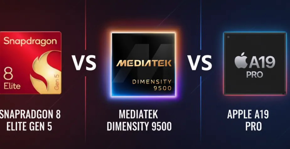 Perbandingan visual tiga chipset flagship: Qualcomm Snapdragon 8 Elite Gen 5, MediaTek Dimensity 9500, dan Apple A19 Pro dengan grafik performa