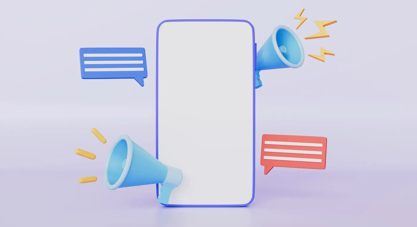 Ilustrasi smartphone dikelilingi megafon dan gelembung percakapan representasi iklan online