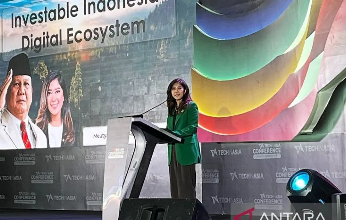 Menteri Komunikasi dan Informatika Meutya Hafid menyampaikan pidato tentang pertumbuhan teknologi Indonesia yang bermakna dan inklusif
