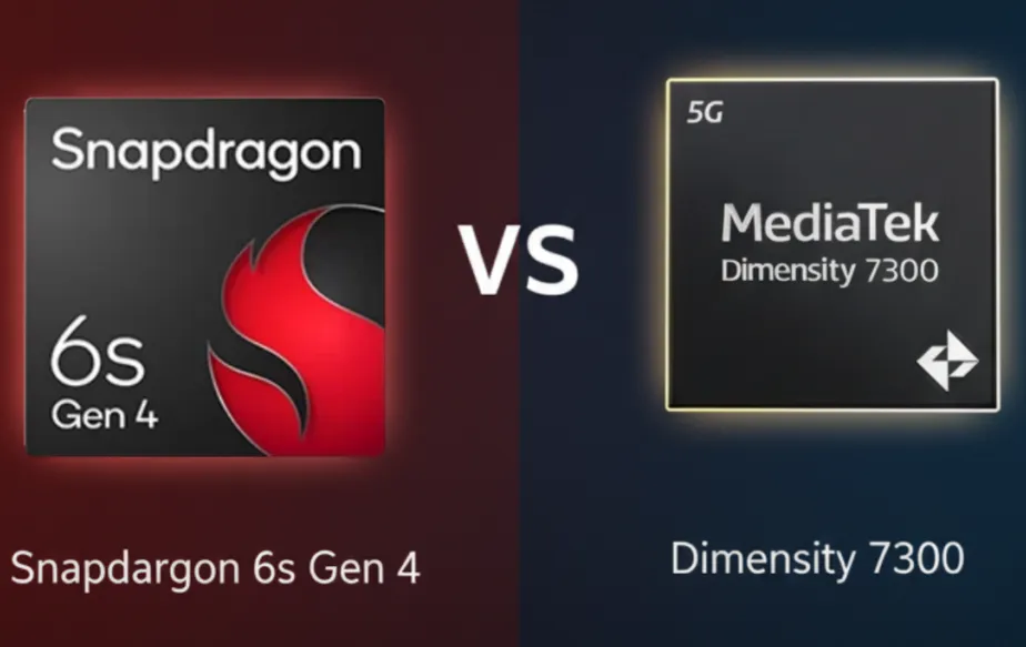 Ilustrasi perbandingan visual chipset Snapdragon 6s Gen 4 versus MediaTek Dimensity 7300 untuk smartphone kelas menengah