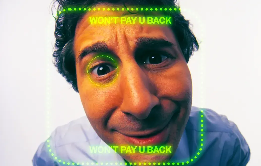 Ilustrasi algoritma AI yang menganalisis fitur wajah manusia untuk memprediksi kesuksesan finansial dan karir