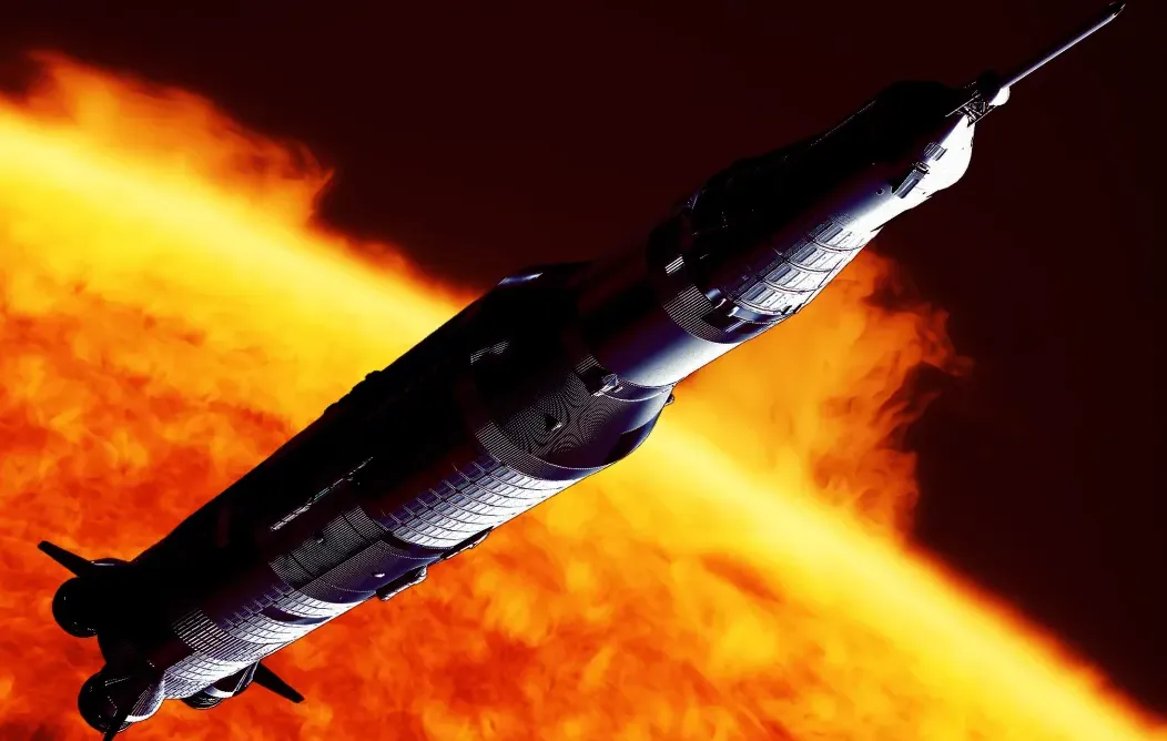 Ilustrasi konsep eksekusi penjahat dengan meluncurkan mereka ke Matahari menggunakan roket antariksa