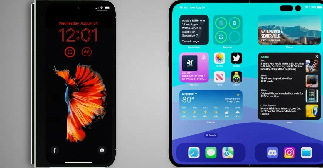 Ilustrasi iPhone Fold dalam kondisi tertutup dan terbuka, menunjukkan desain book-style foldable dengan layar tanpa crease