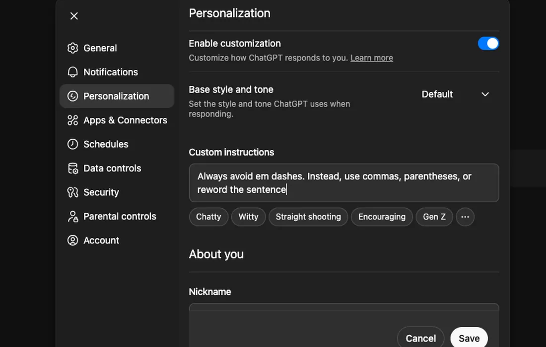 Menu custom instruction di antarmuka ChatGPT untuk mengatur perilaku asisten AI.