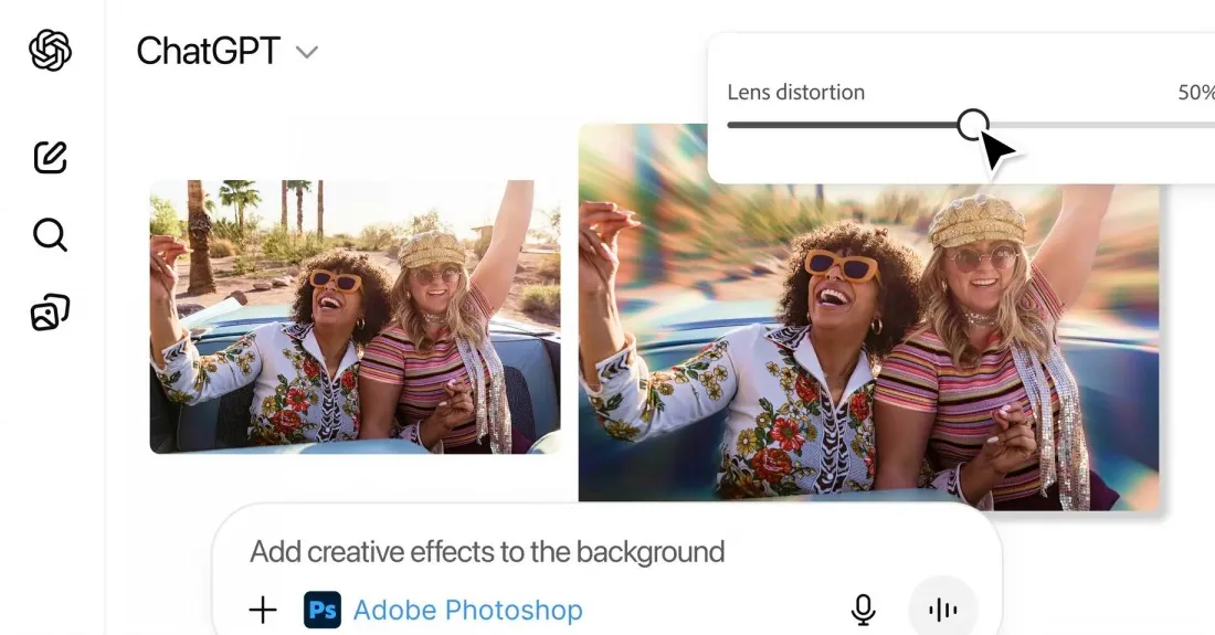 Ilustrasi integrasi Adobe Photoshop, Express, dan Acrobat di dalam antarmuka ChatGPT untuk editing gambar dan PDF.