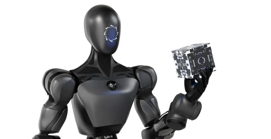 Ilustrasi robot humanoid industri berwarna biru dan abu-abu bekerja di lini produksi pabrik baterai CATL