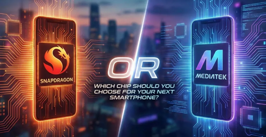 Ilustrasi perbandingan visual antara logo chipset Qualcomm Snapdragon dan MediaTek Dimensity di atas papan sirkuit
