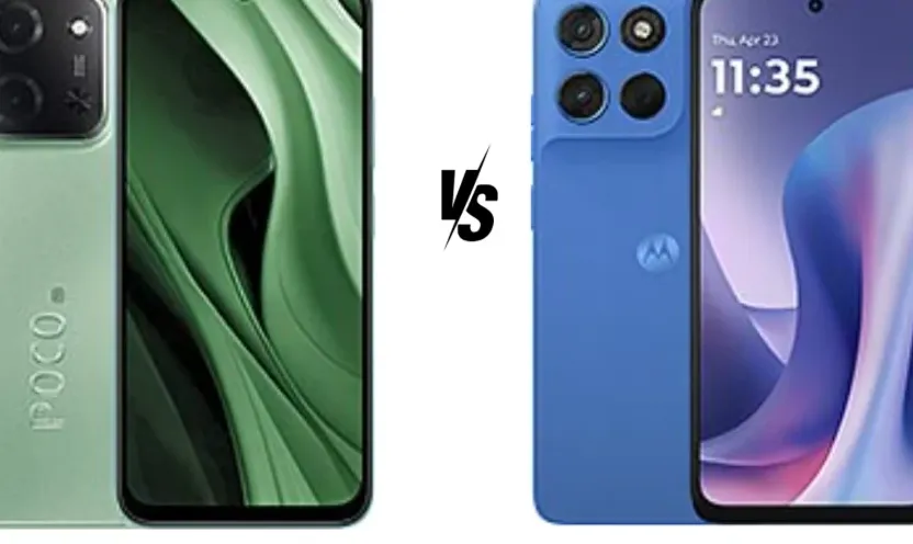 Ilustrasi perbandingan visual antara smartphone Poco C85 dan Motorola Moto G57 yang diletakkan bersebelahan