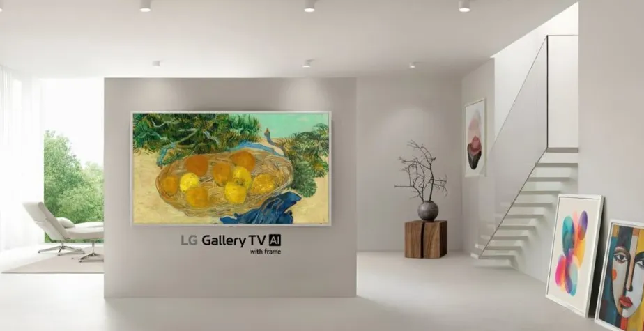 LG Gallery TV dipajang di dinding ruang tamu modern dengan desain flush-mount menyerupai bingkai karya seni, menunjukkan tampilan lukisan digital.
