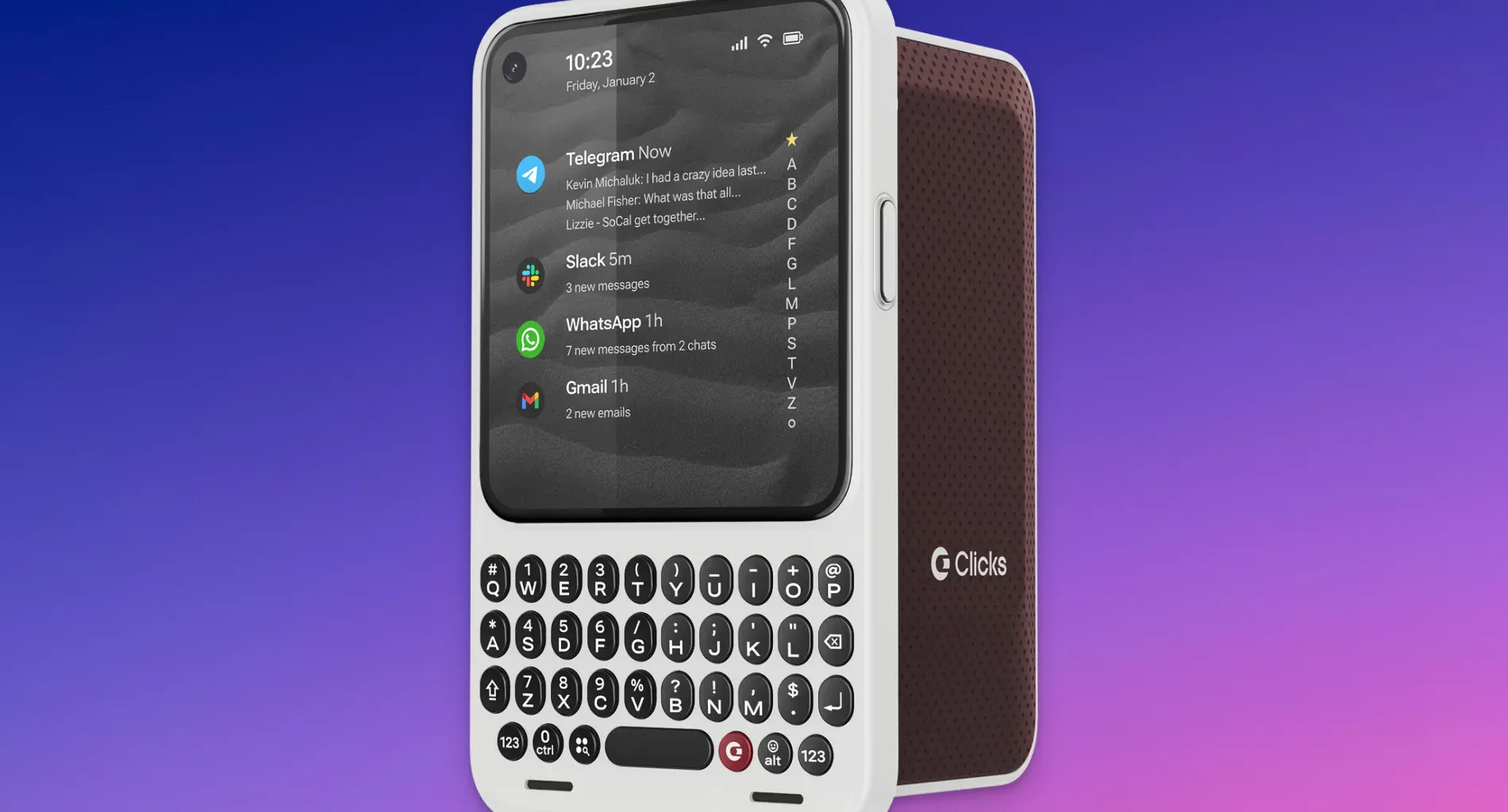 Tampilan depan dan belakang Clicks Communicator, ponsel kecil dengan keyboard QWERTY fisik lengkap dan layar sentuh.