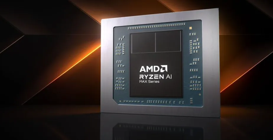 Ilustrasi konsep futuristik chip AMD Strix Halo dengan sinar biru dan oranye, melambangkan performa CPU, GPU, dan AI yang terintegrasi
