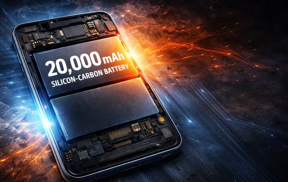 Ilustrasi konsep smartphone futuristik dengan baterai berkapasitas ekstrem 20.000mAh