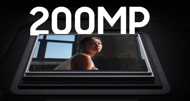 Ilustrasi close-up sensor kamera smartphone Samsung ISOCELL HP1 200MP dengan detail sirkuit dan lensa