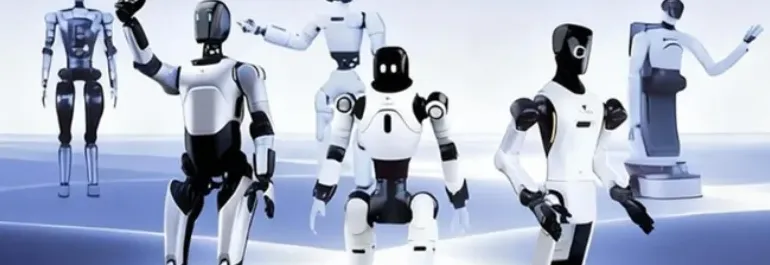 Robot humanoid canggih berbaris dalam sebuah pameran teknologi global