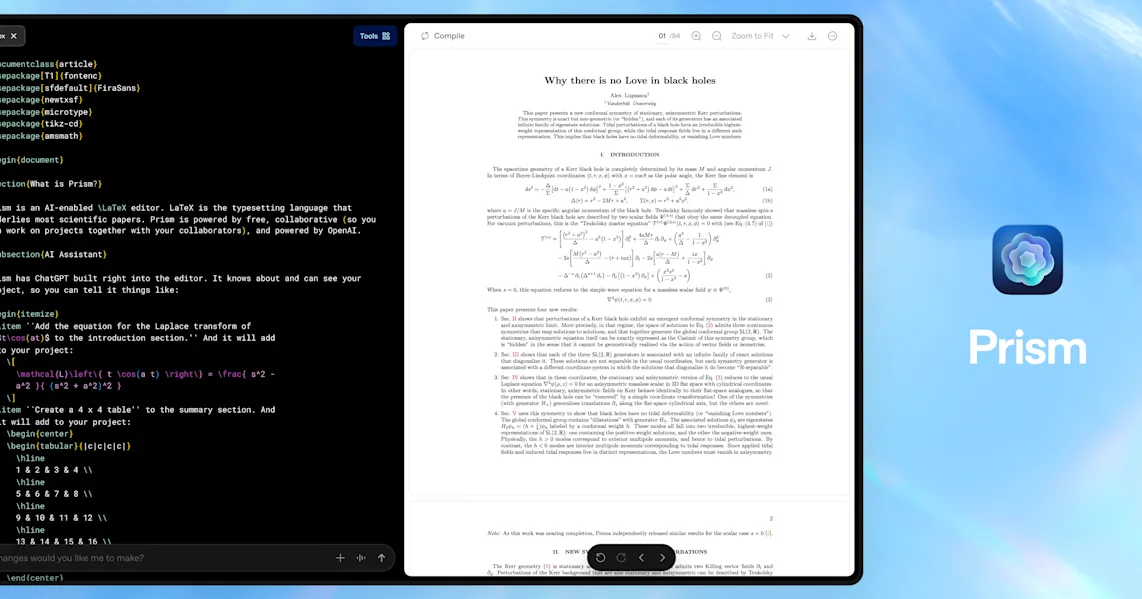 Ilustrasi antarmuka OpenAI Prism untuk pengeditan LaTeX ilmiah