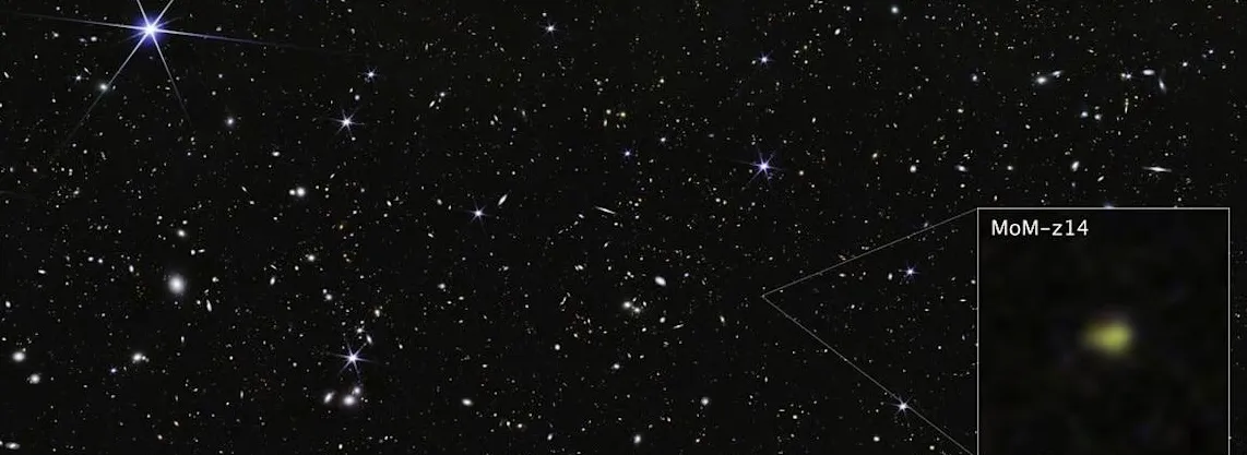 Gambar galaksi MoM-z14 dari Teleskop James Webb
