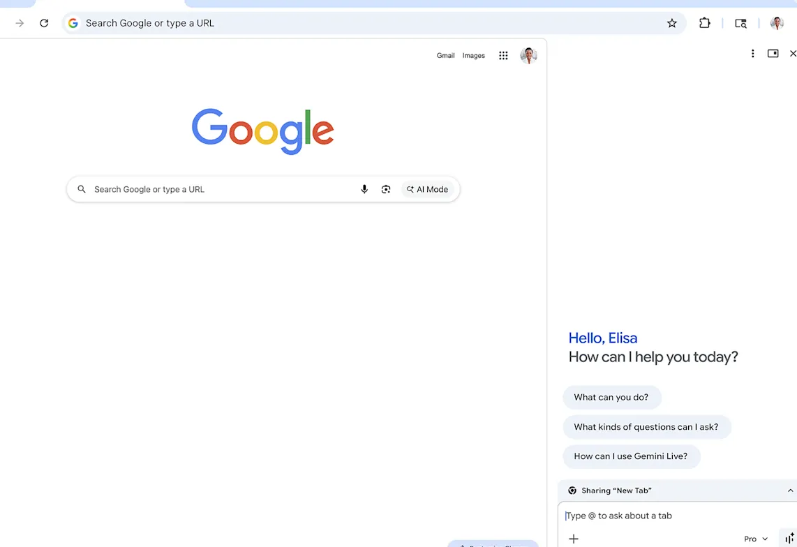 Ilustrasi fitur sidebar Gemini di Google Chrome pada layar laptop