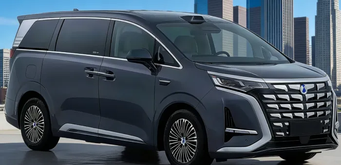 Tampak depan 2026 Denza D9 MPV dengan grille π-Motion diamond-cut dan trim krom baru