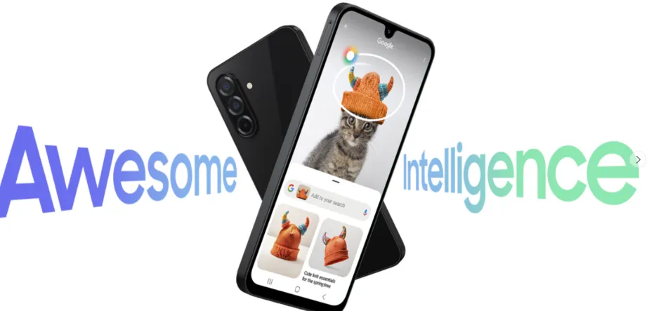 Ilustrasi smartphone Samsung Galaxy A27 5G dengan latar belakang gelap dan logo Geekbench