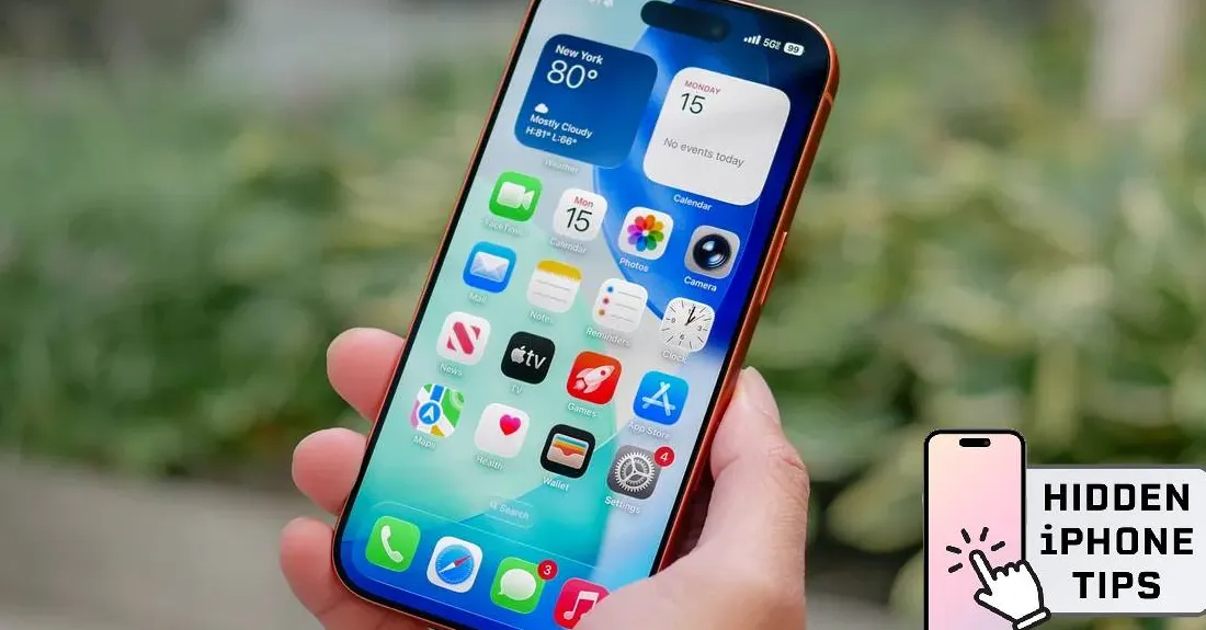 Ilustrasi iPhone dengan layar menampilkan pengaturan tersembunyi dan ikon aplikasi