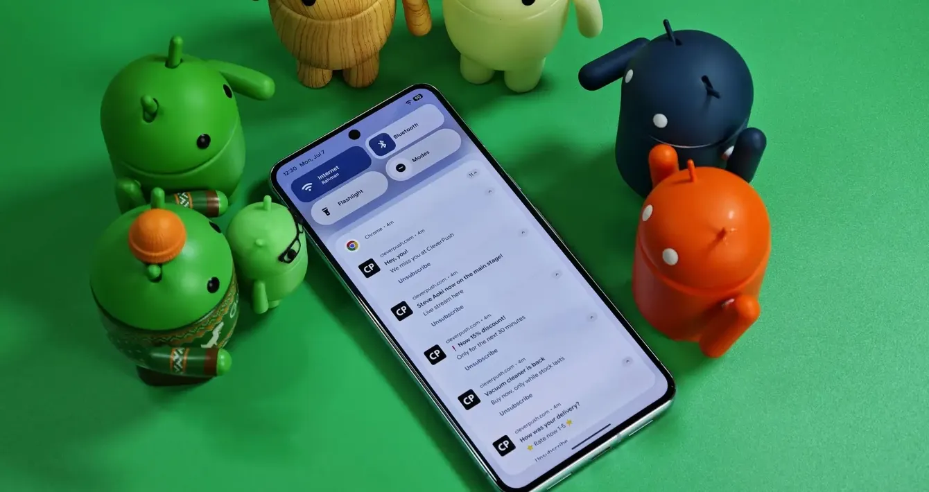 Ilustrasi antarmuka pengaturan aturan notifikasi kustom pada Android 17 dengan opsi bisukan dan blokir.