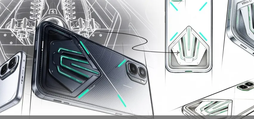 Bocoran gambar Infinix GT 50 Pro dalam dua varian warna yang berbeda.