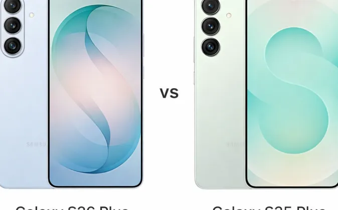 Ilustrasi perbandingan visual antara smartphone Samsung Galaxy S26 Plus dan Samsung Galaxy S25 Plus