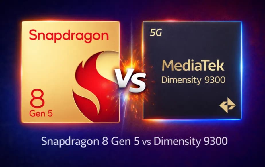 Ilustrasi perbandingan visual antara chipset Qualcomm Snapdragon 8 Gen 5 dan MediaTek Dimensity 9300 dengan grafik performa.