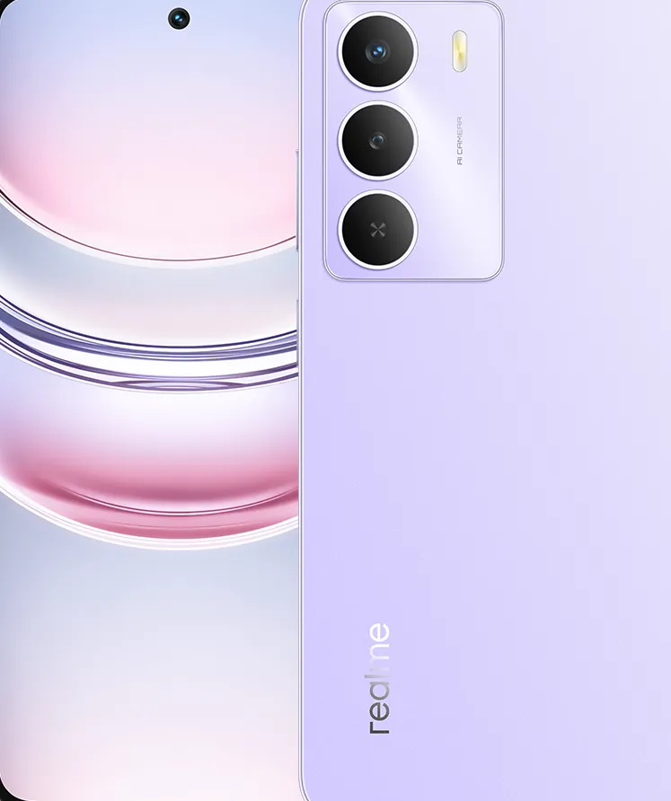 Ilustrasi ponsel Realme Narzo series dengan latar belakang gelap