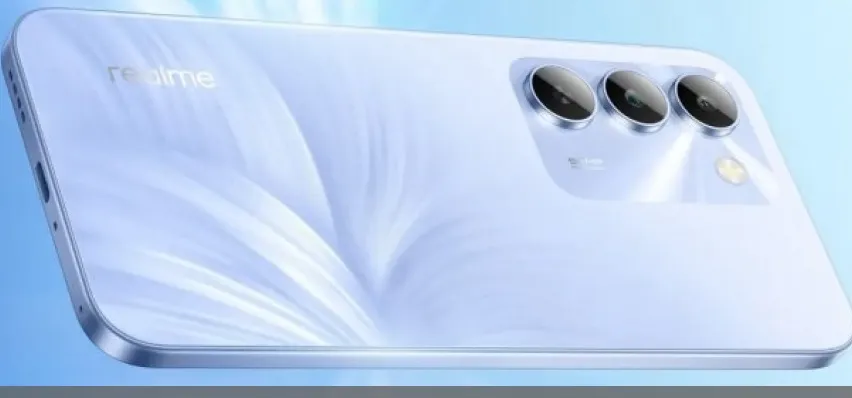 Ilustrasi smartphone Realme C100x dengan latar belakang gelap dan cahaya biru