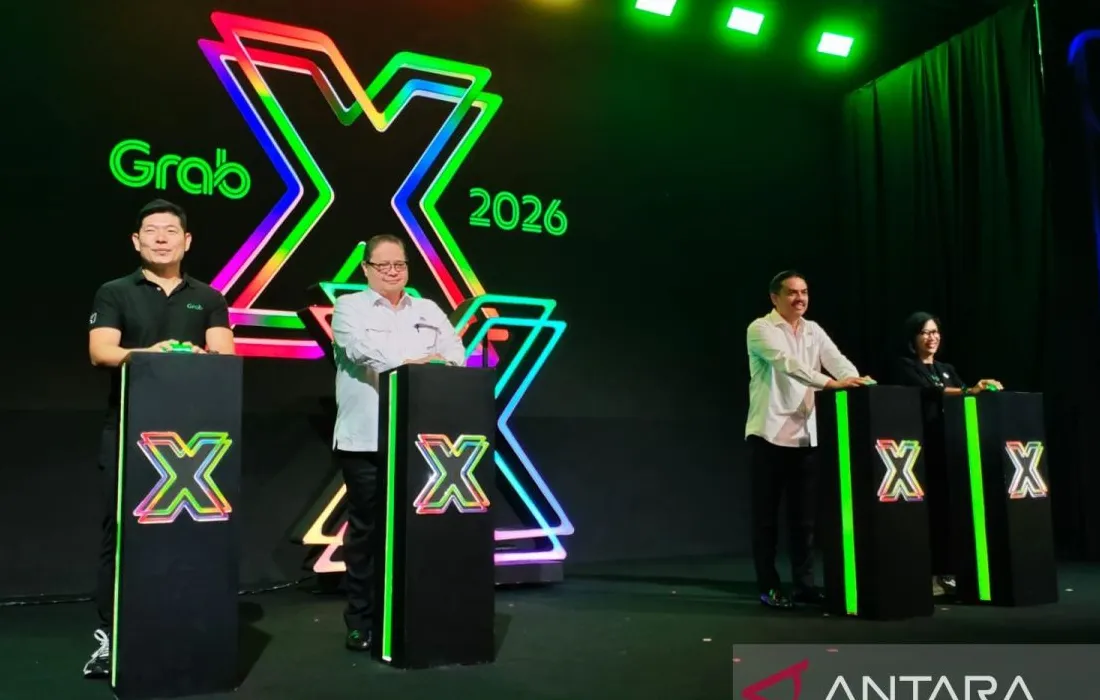 Ilustrasi antarmuka aplikasi Grab dengan ikon-ikon fitur AI baru seperti asisten virtual, peta, dan ride-sharing di layar ponsel.