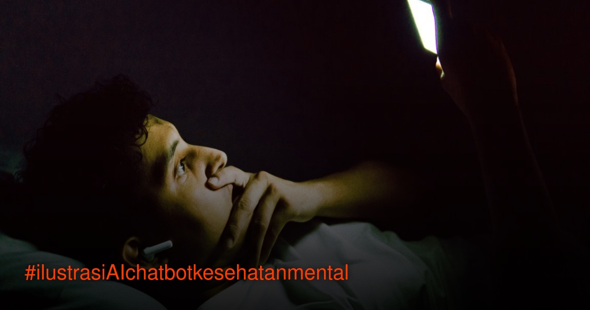 Ilustrasi orang cemas memegang ponsel di kamar gelap, membahas kesehatan dengan AI