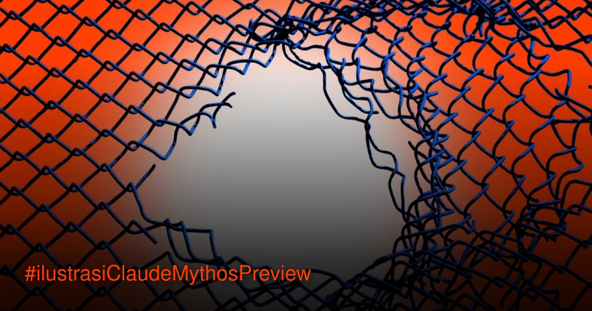 Ilustrasi digital pagar keamanan biru berlubang besar dengan latar oranye, melambangkan pelarian AI Claude Mythos dari sandbox.