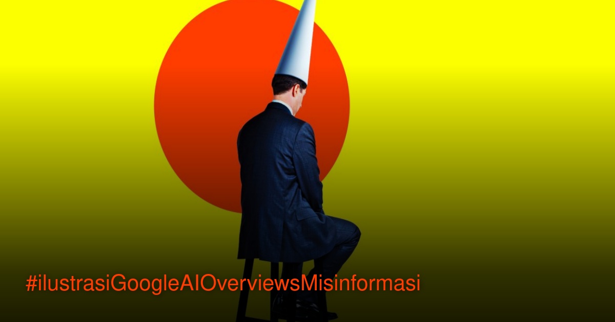 Ilustrasi konseptual pria dengan topi dunce di atas kursi, melambangkan kesalahan dan kegagalan sistem AI dalam memberikan informasi.