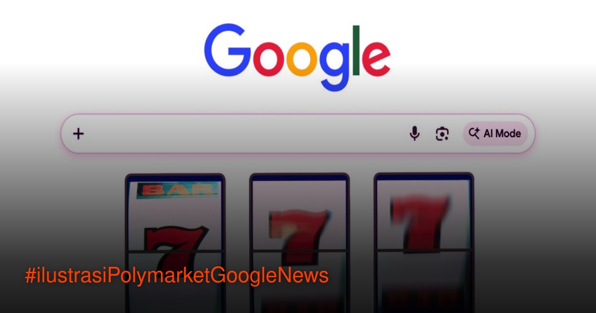 Ilustrasi mesin pencari Google dengan simbol slot machine dan angka 7, merepresentasikan perpaduan antara pencarian berita dan perjudian.