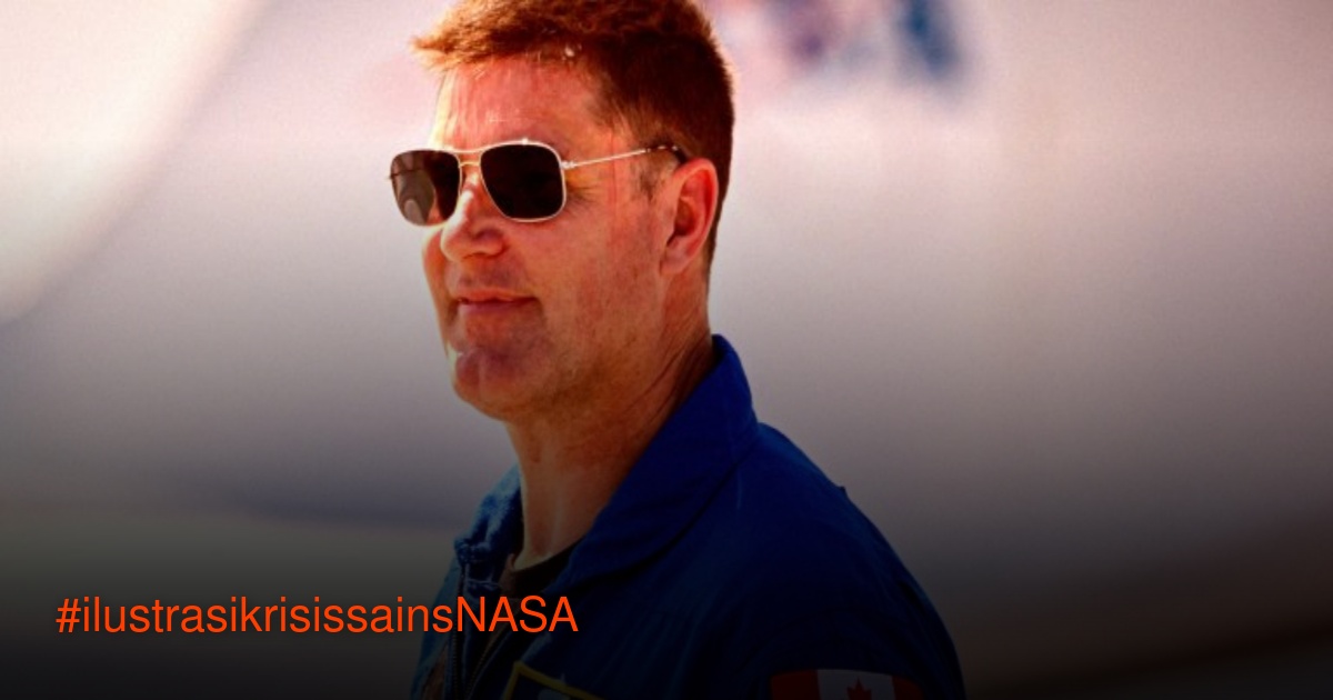 Ilustrasi krisis internal NASA dengan latar grafis yang menunjukkan pemotongan anggaran dan diagram sains iklim yang terancam.