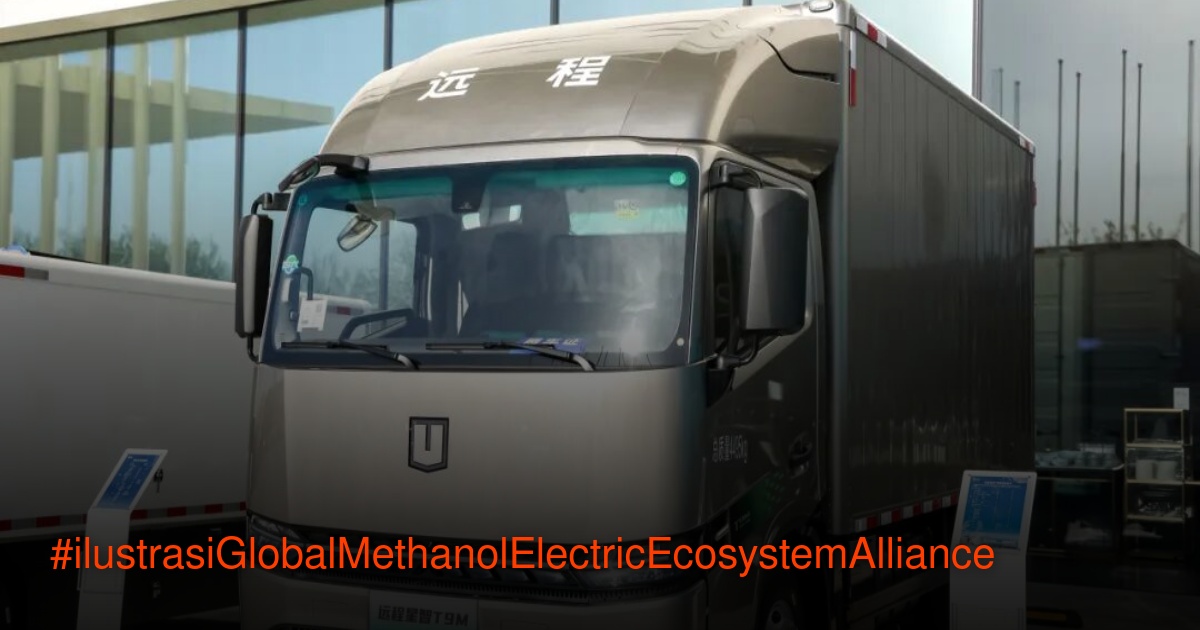 Logo dan ilustrasi konsep Global Methanol Electric Ecosystem Alliance dengan latar peta dunia