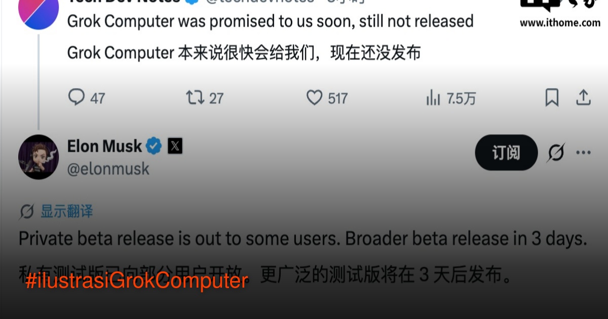 Ilustrasi logo Grok AI dan Elon Musk dengan latar belakang kode digital