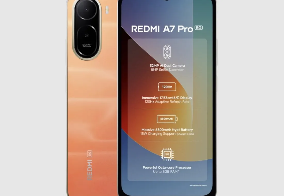 Redmi A7 Pro 5G smartphone dengan layar besar dan bodi ramping dalam warna Mist Blue