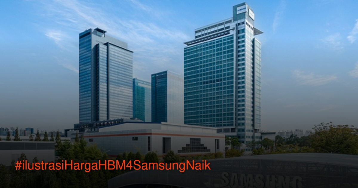 Ilustrasi wafer semikonduktor dan chip memori HBM di fasilitas produksi