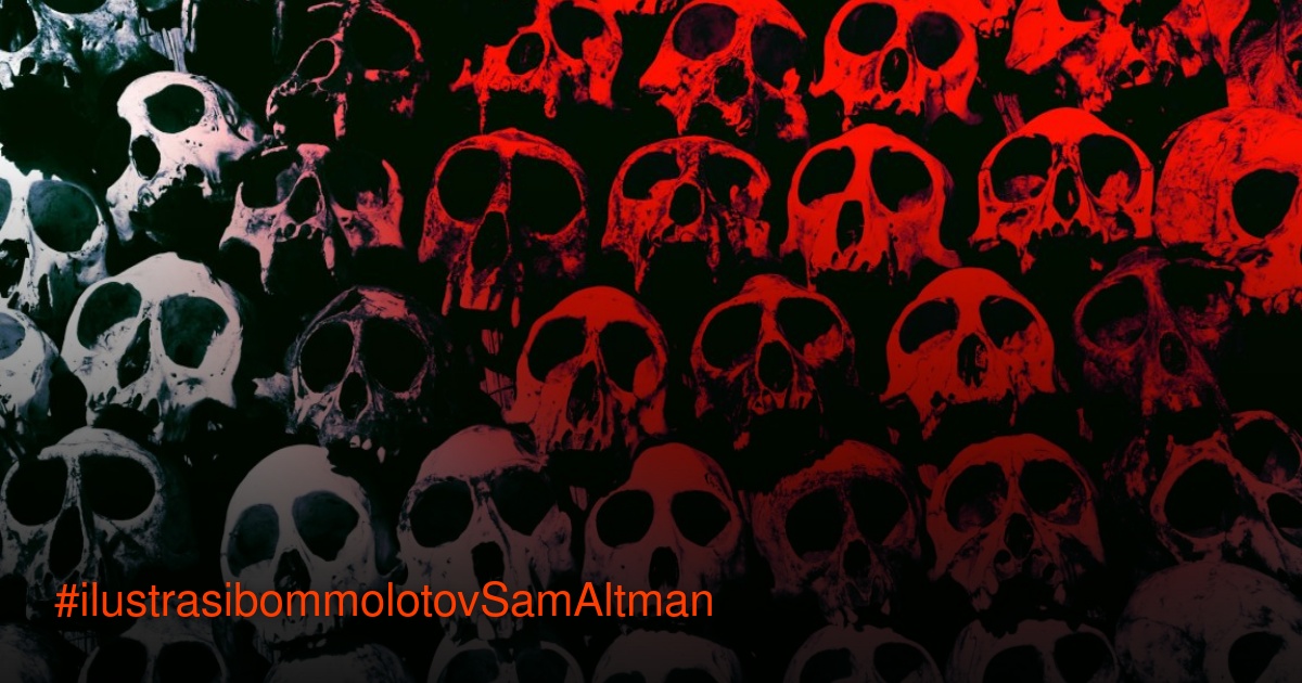 Ilustrasi grafis tengkorak manusia dengan kontras warna merah dan putih, simbol ancaman eksistensial