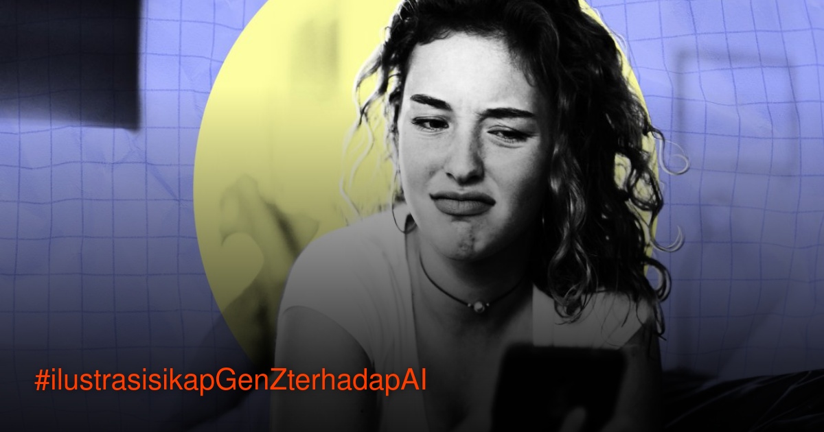 Ilustrasi ekspresi tidak suka dan skeptis seorang wanita muda Generasi Z saat melihat layar smartphone