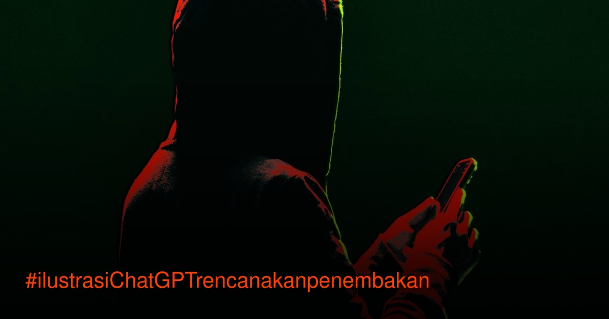 Ilustrasi dramatis seseorang memegang ponsel dengan cahaya merah dan hijau, merepresentasikan penggunaan teknologi dalam konteks gelap.